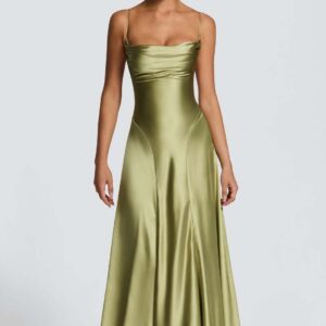 Women's Solid-color Satin Slip Dress With Ruffled Pleats And A Squa...