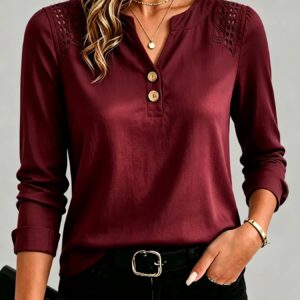 Female Solid Color And V-neck Hollow Button Top